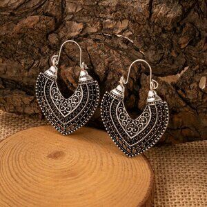 Boho 925 Sterling Silver Elegant Vintage Style Tibetan Tibet Heart Hook Earrings